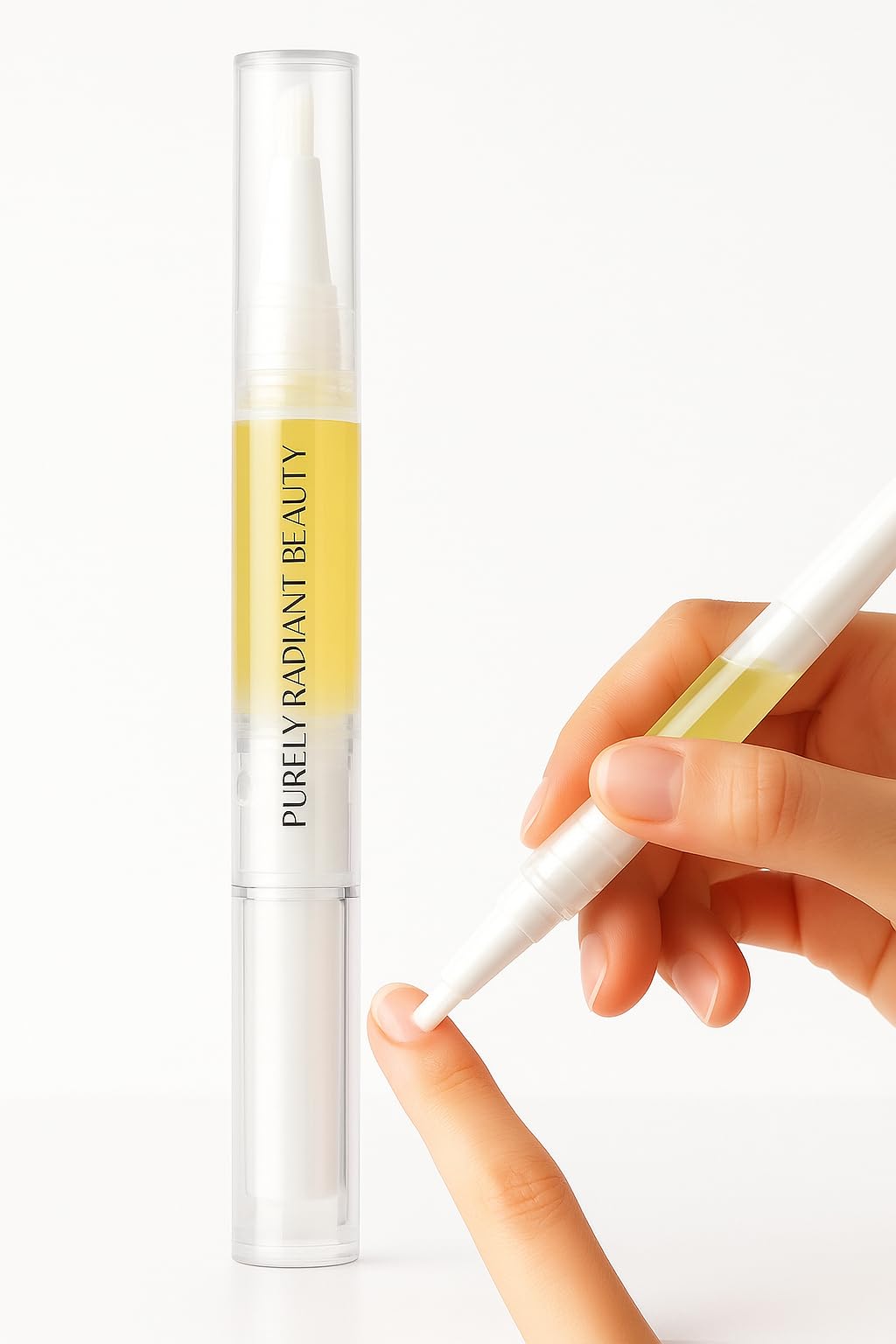 Purely Radiant Beauty Nail Growth Oil en botella, nutre cutículas para uñas más fuertes.