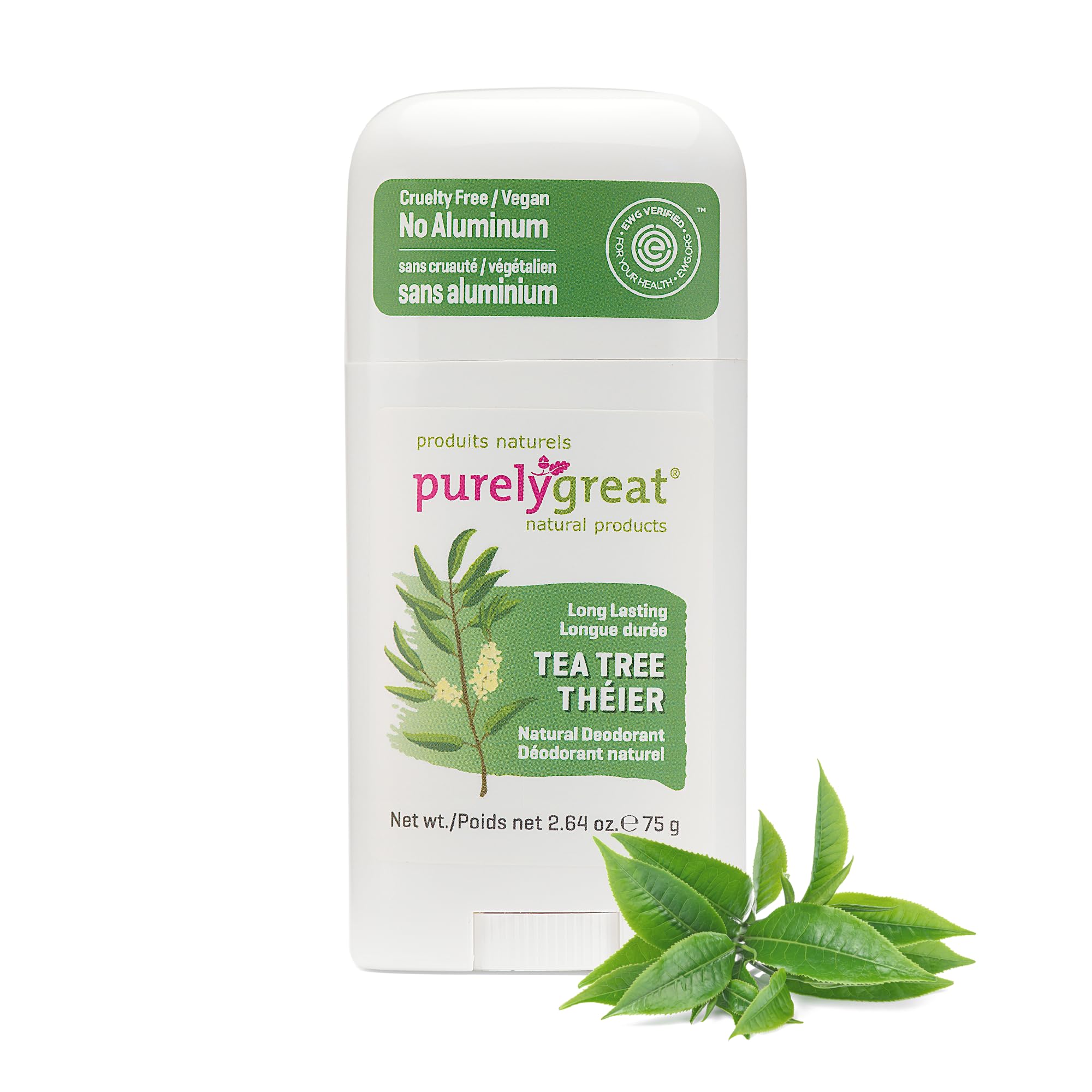 Purelygreat desodorante natural con aroma a árbol de té en botella, uso diario.