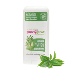 Purelygreat desodorante natural con aroma a árbol de té en botella, uso diario.