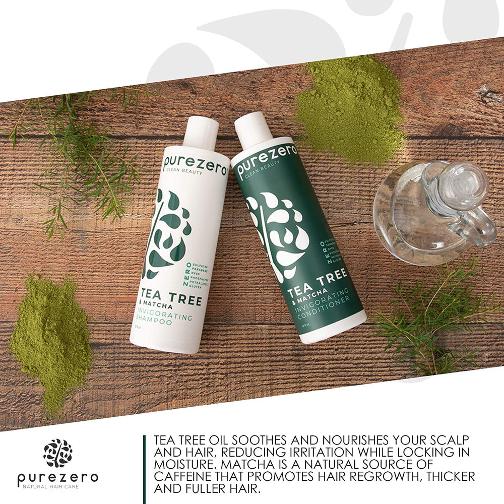 Purezero Tea Tree and Matcha label closeup, clean ingredients, vegan formula.