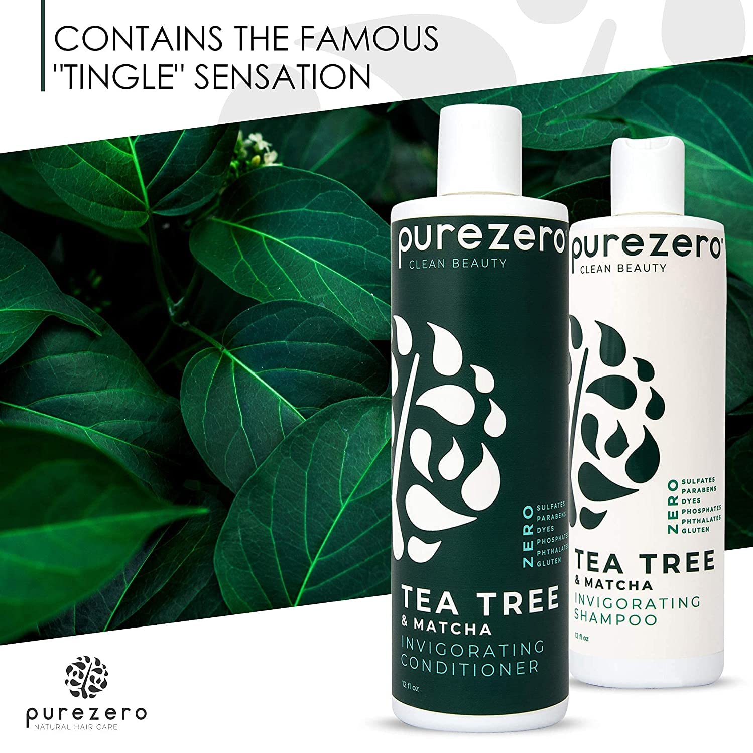 Purezero Tea Tree and Matcha Shampoo with scalp massage visualization for refreshing cleansing.