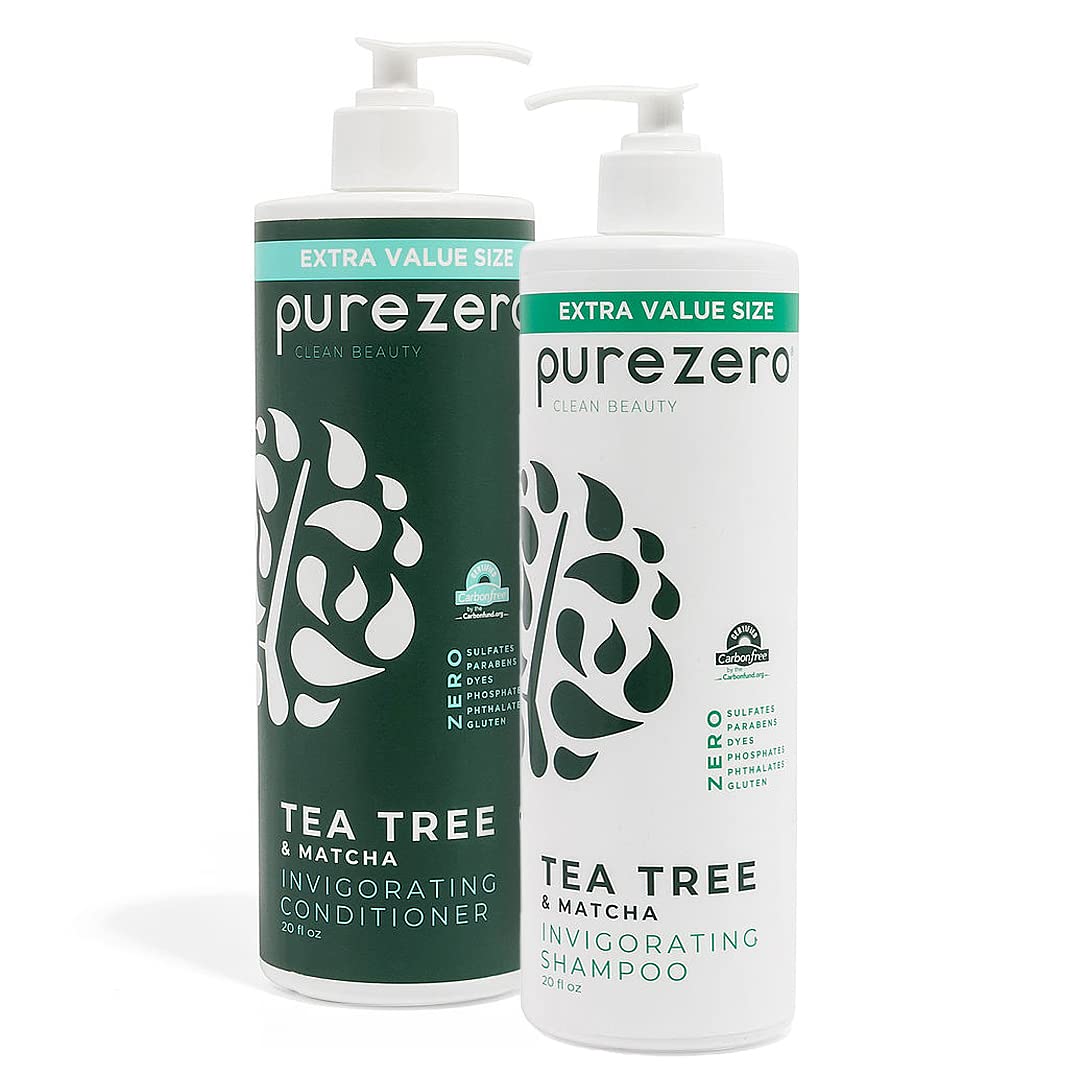 Purezero Tea Tree and Matcha Shampoo bottle for invigorating, energized scalp.