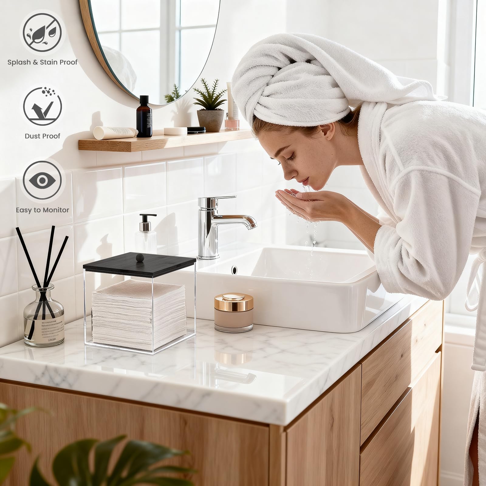 Puricon caja acrílica para toallas faciales, baño ordenado.