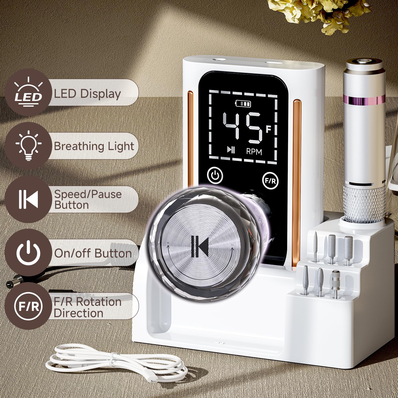 Lima eléctrica Puriom con batería recargable, perfecta para retoques fuera de casa.