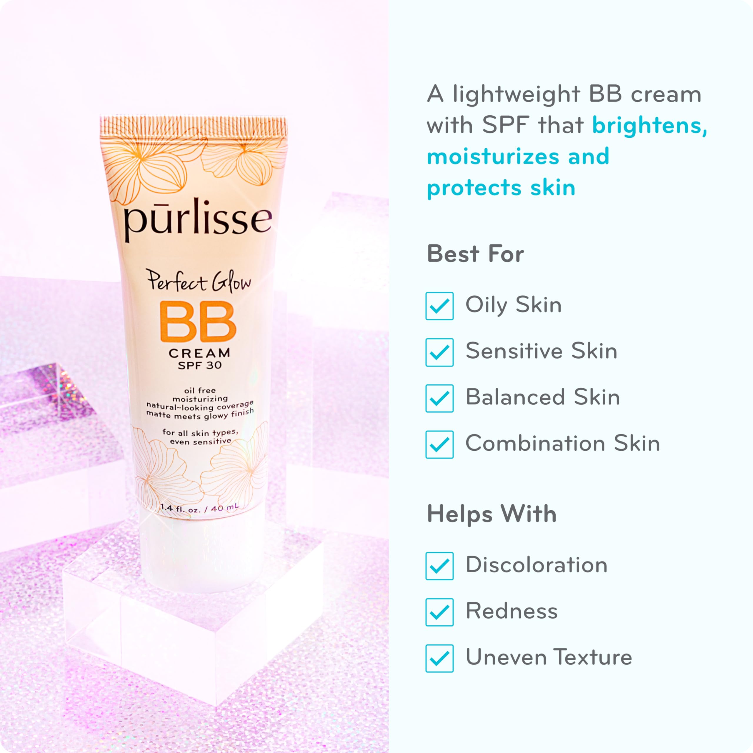 Purlisse Perfect Glow BB Cream, acabado mate-húmedo y cobertura ligera.