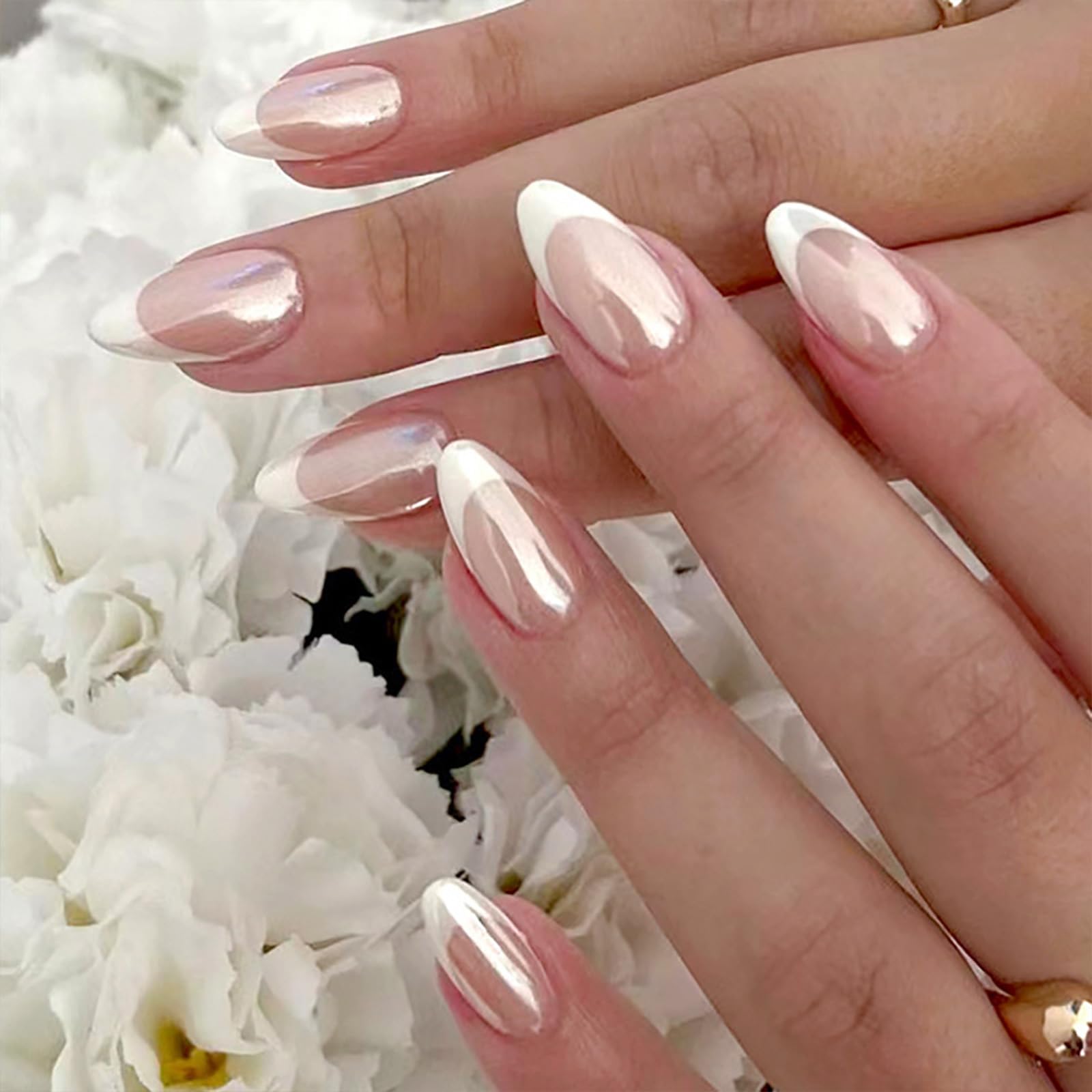 pxuezay uñas presión almendra blancas francesas: acabado pulido para un look elegante.