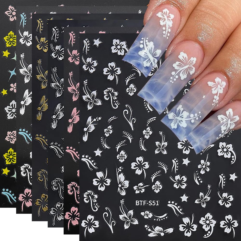 Pegatinas hibisco Qdsuh en blanco y rosa para uñas, estilo veraniego.
