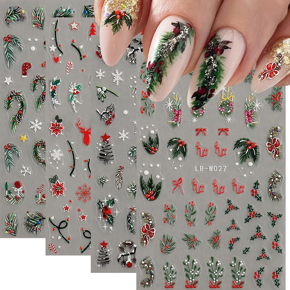 Qdsuh stickers uñas navideñas acebo hojas en relieve, ideal para un look festivo.