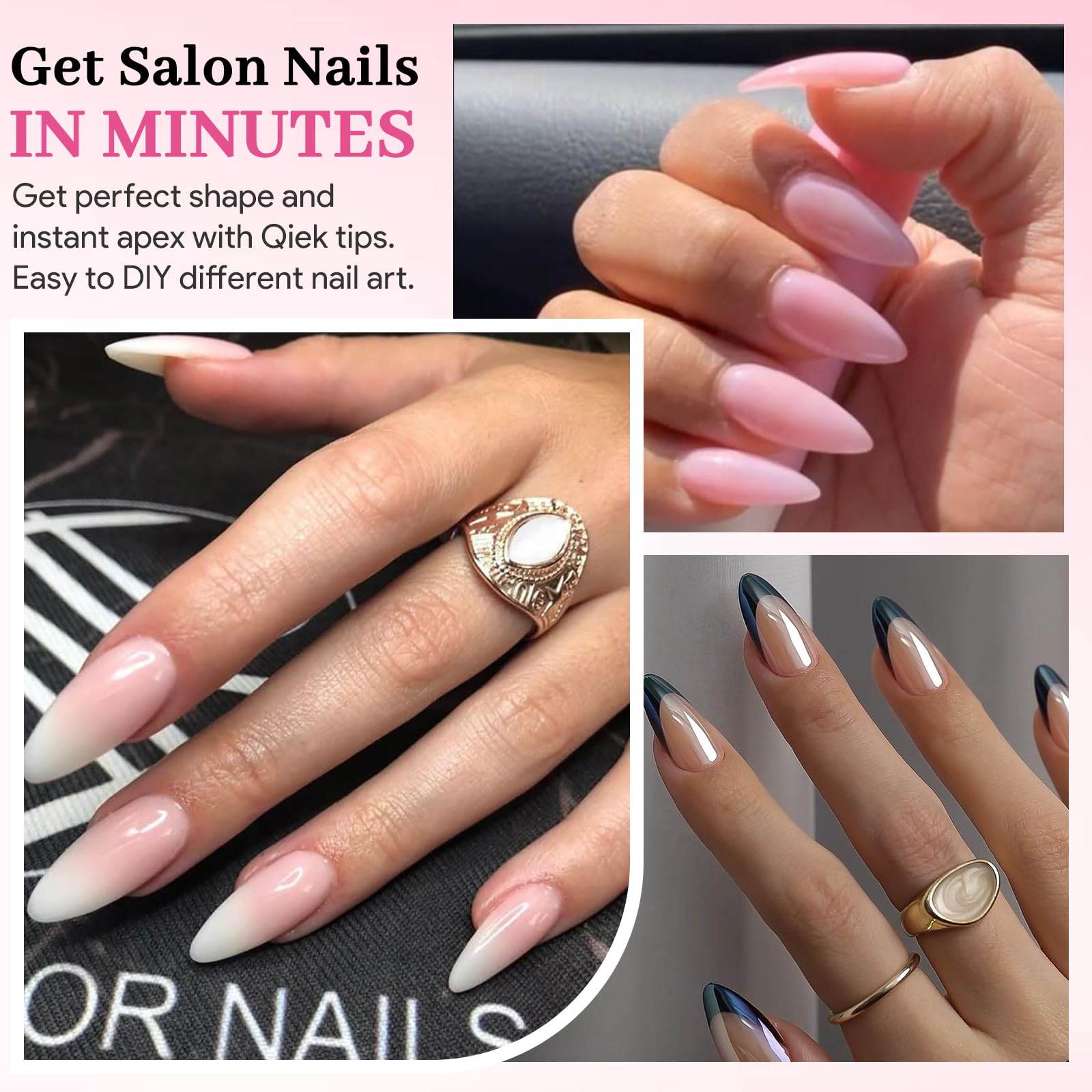 QIEK half-matte almond tips hug the natural nail for quick DIY manicures.