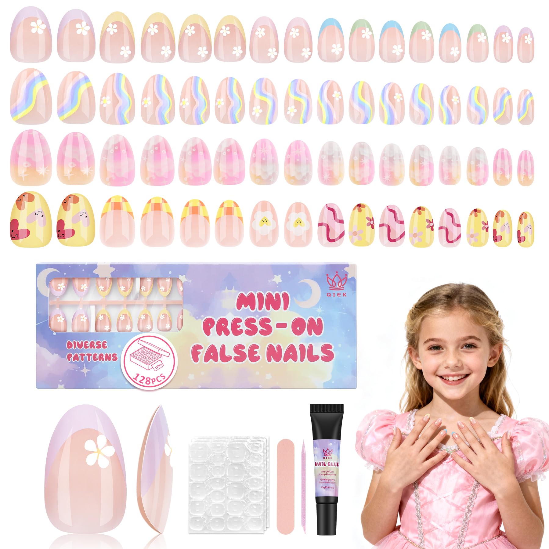 QIEK uñas postizas almendra, 128 piezas, ajuste cómodo para niñas.