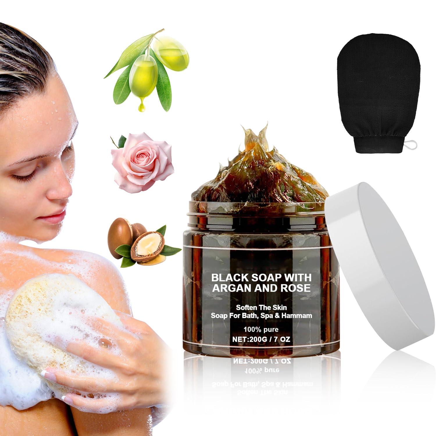 QiFind barra negra beldi con argán y rosas para exfoliar y tonificar la piel.