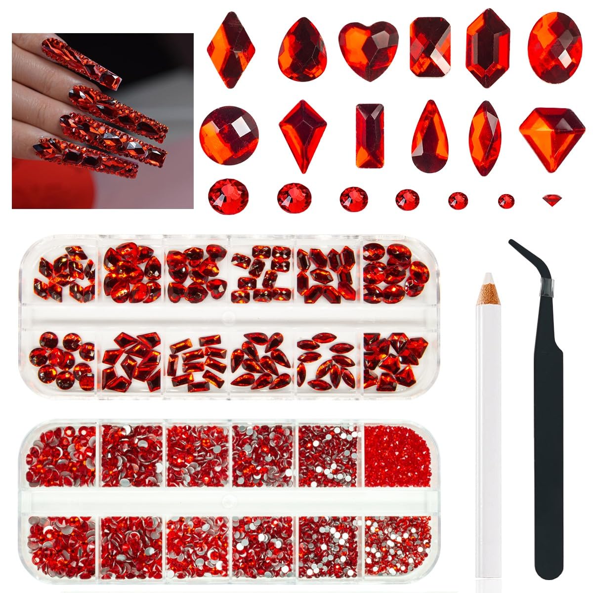 qiipii piedras rojas para uñas con formas múltiples, brillo duradero