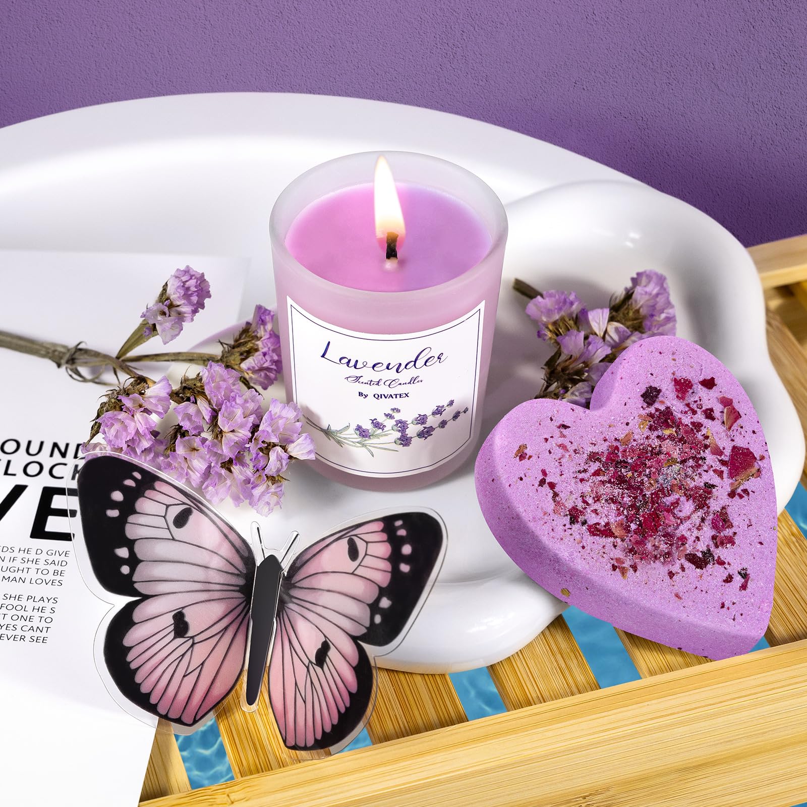 Bomba de baño en forma de corazón lavanda de Qivatex.