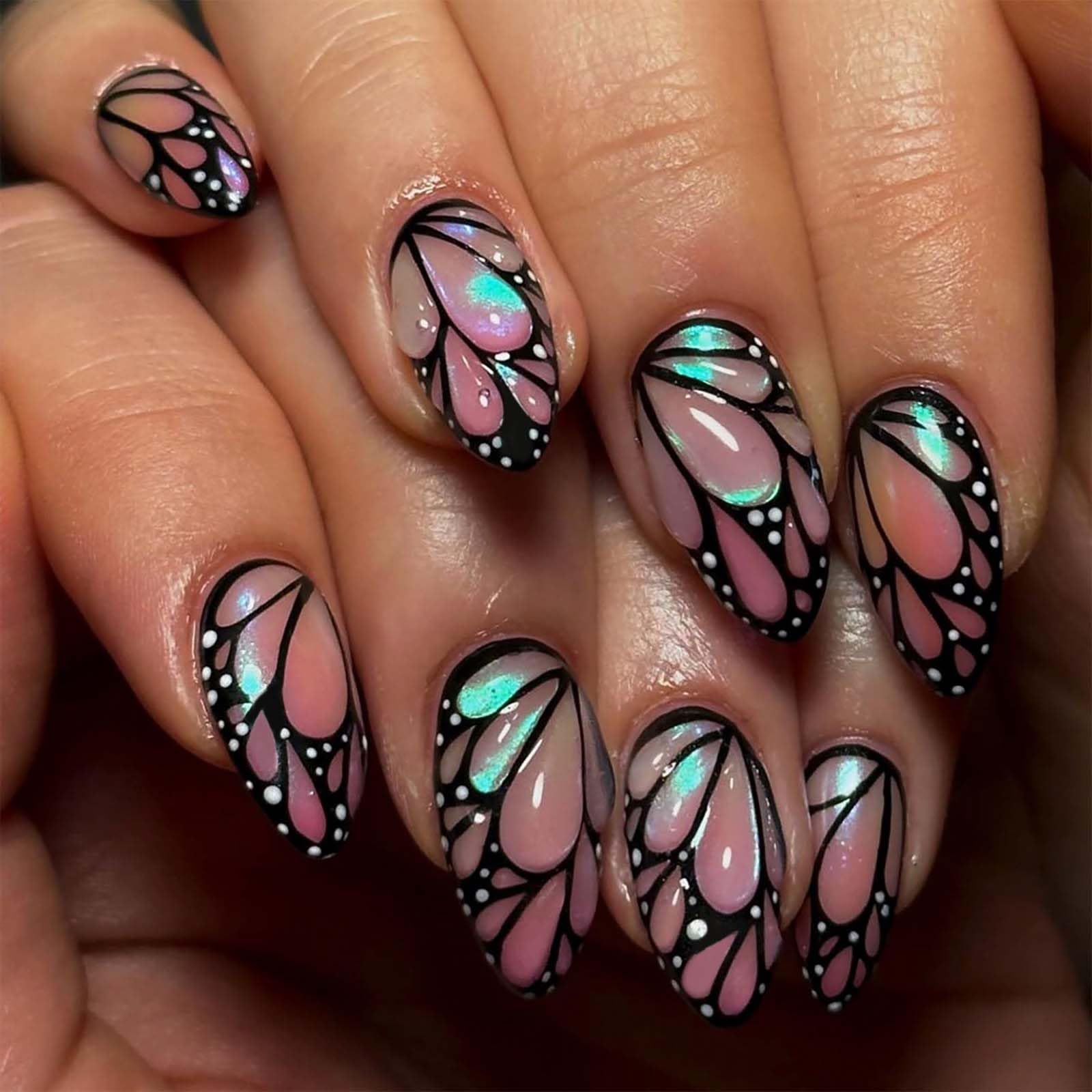 QQPPOLIU uñas postizas almendra con mariposas 3D para un look elegante en fiestas