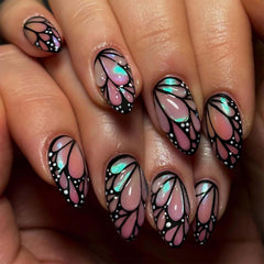 QQPPOLIU uñas postizas almendra con mariposas 3D para un look elegante en fiestas