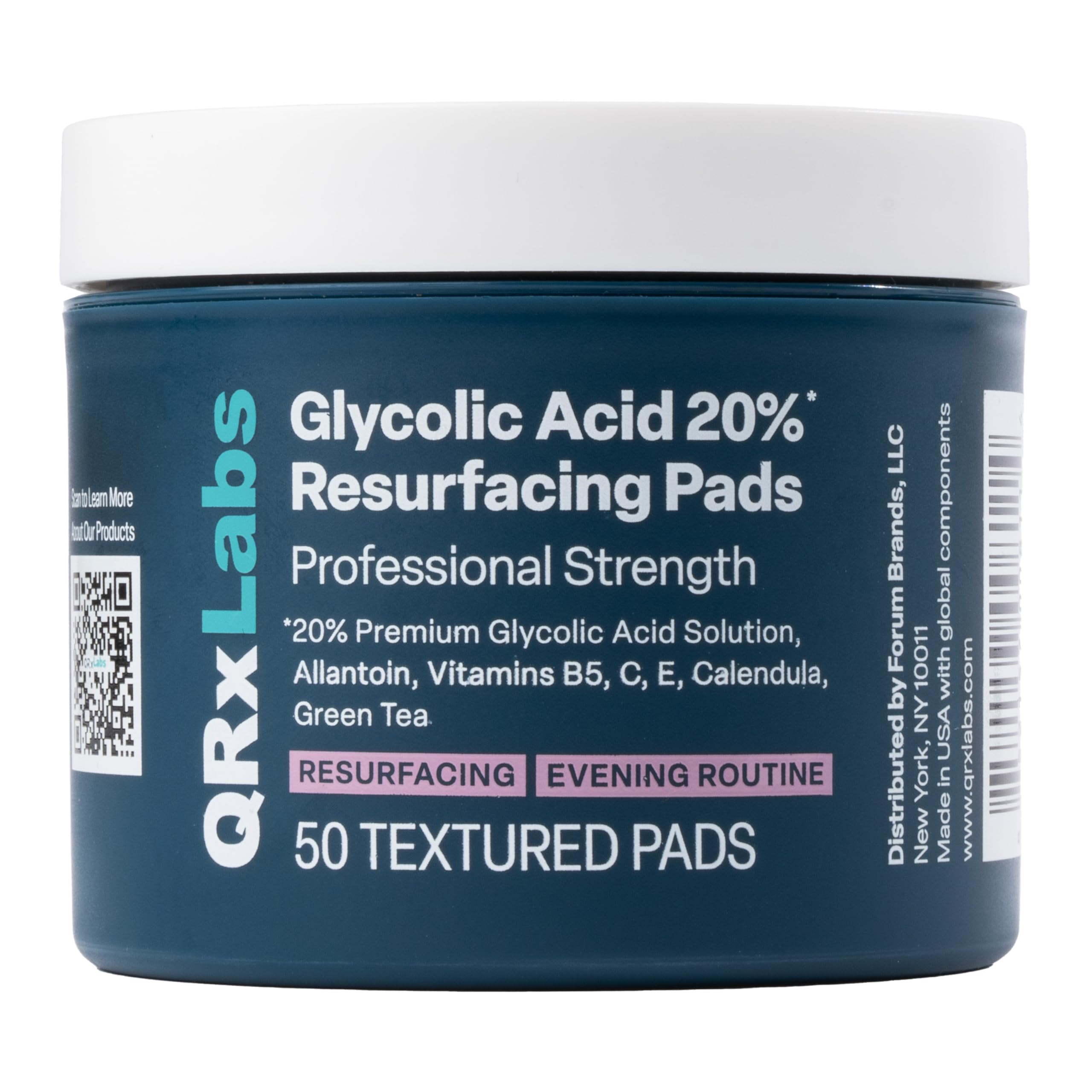 QRxLabs almohadillas de ácido glicólico al 20% para rostro y cuerpo, exfoliación suave.