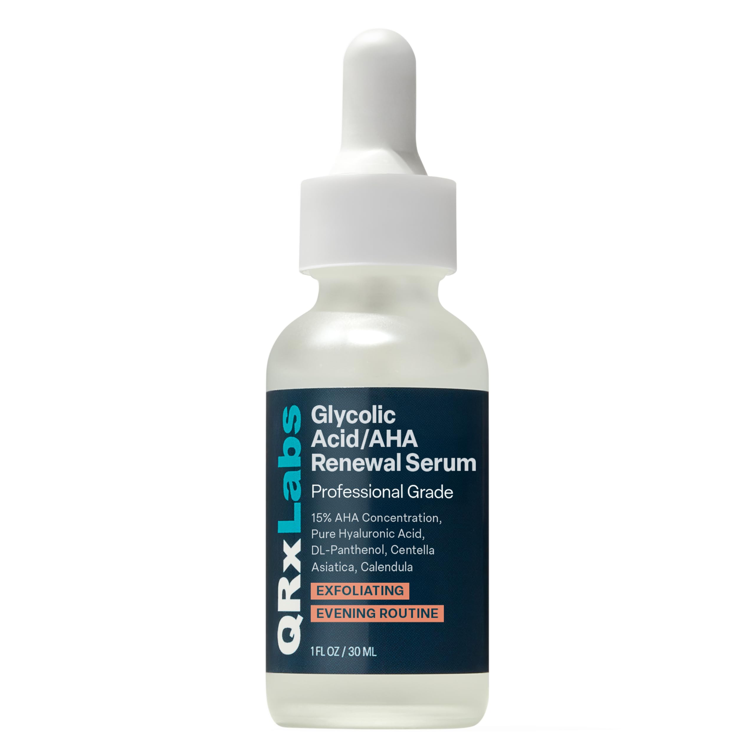 Sérum QRxLabs con ácido glicólico 15% en botella, exfoliación suave para piel más suave.