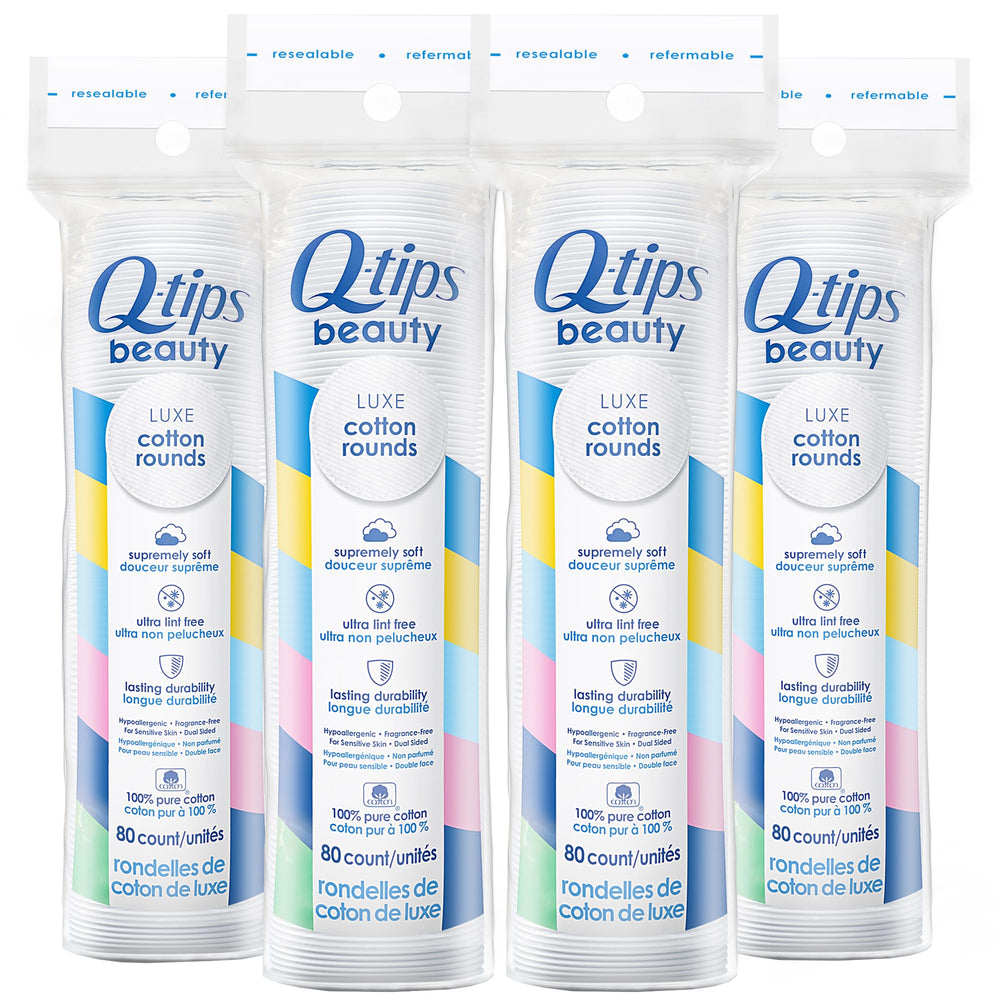 Q-Tips Beauty Luxe discos de algodón: remoción suave de maquillaje y cuidado facial.