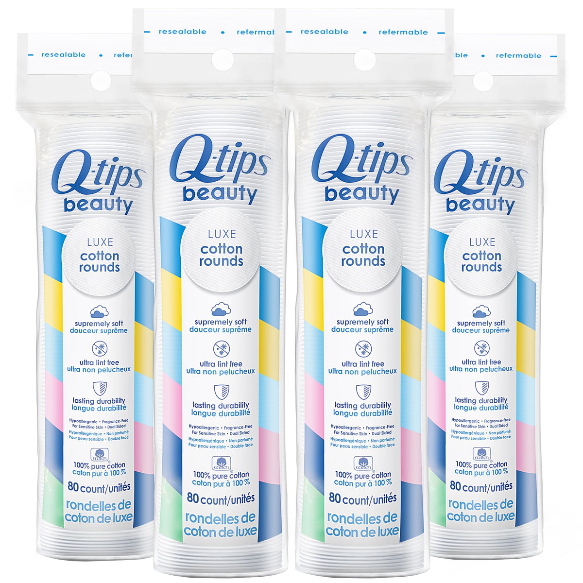 Q-Tips Beauty Luxe discos de algodón: remoción suave de maquillaje y cuidado facial.