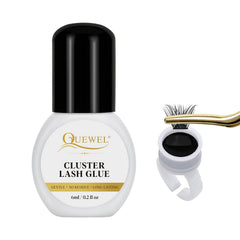 QUEWEL adhesivo para pestañas en racimos, envase negro, fijación duradera para extensiones caseras.