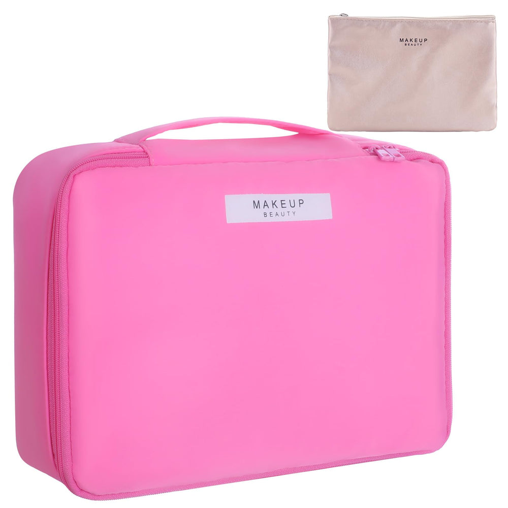 Queboom bolso de maquillaje de viaje en rosa claro, compacto y práctico para organización.