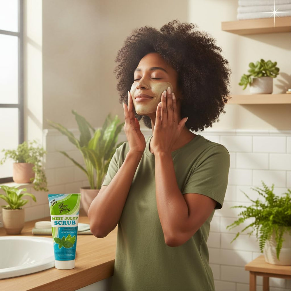 Rutina de cuidado diaria con exfoliante Mint Julep de Queen Helene.