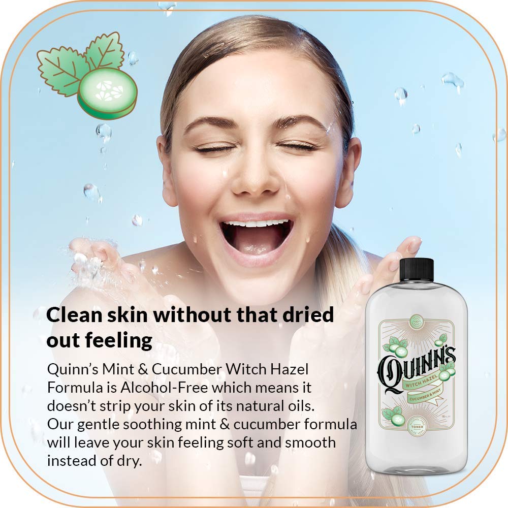 Quinn's hamamelis sin alcohol, etiqueta visible con ingredientes naturales.