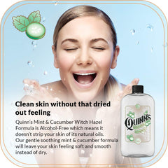 Quinn's hamamelis sin alcohol, etiqueta visible con ingredientes naturales.