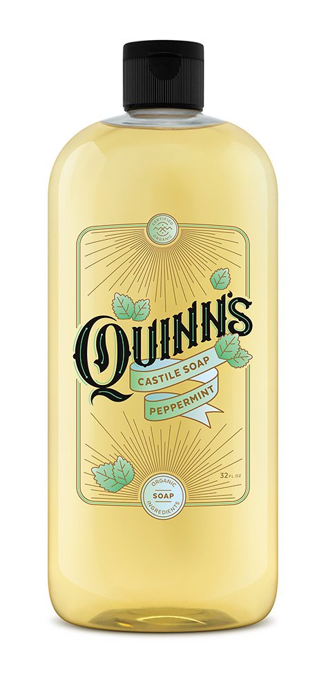 Quinn's jabon castilla organico en botella con menta, uso diario.