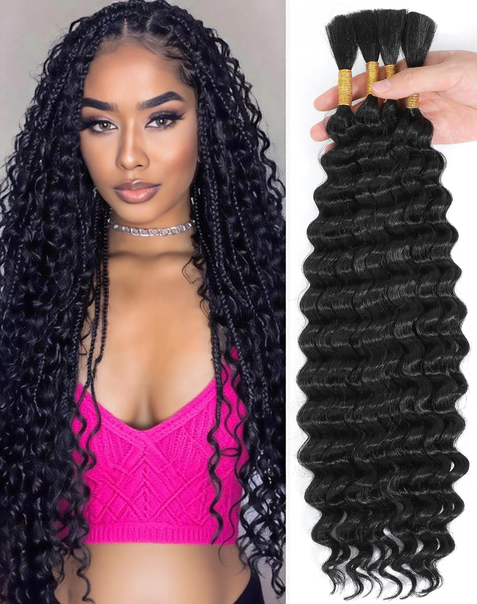 Qulueo cabello humano 22 pulgadas onda profunda para trenzas boho naturales.