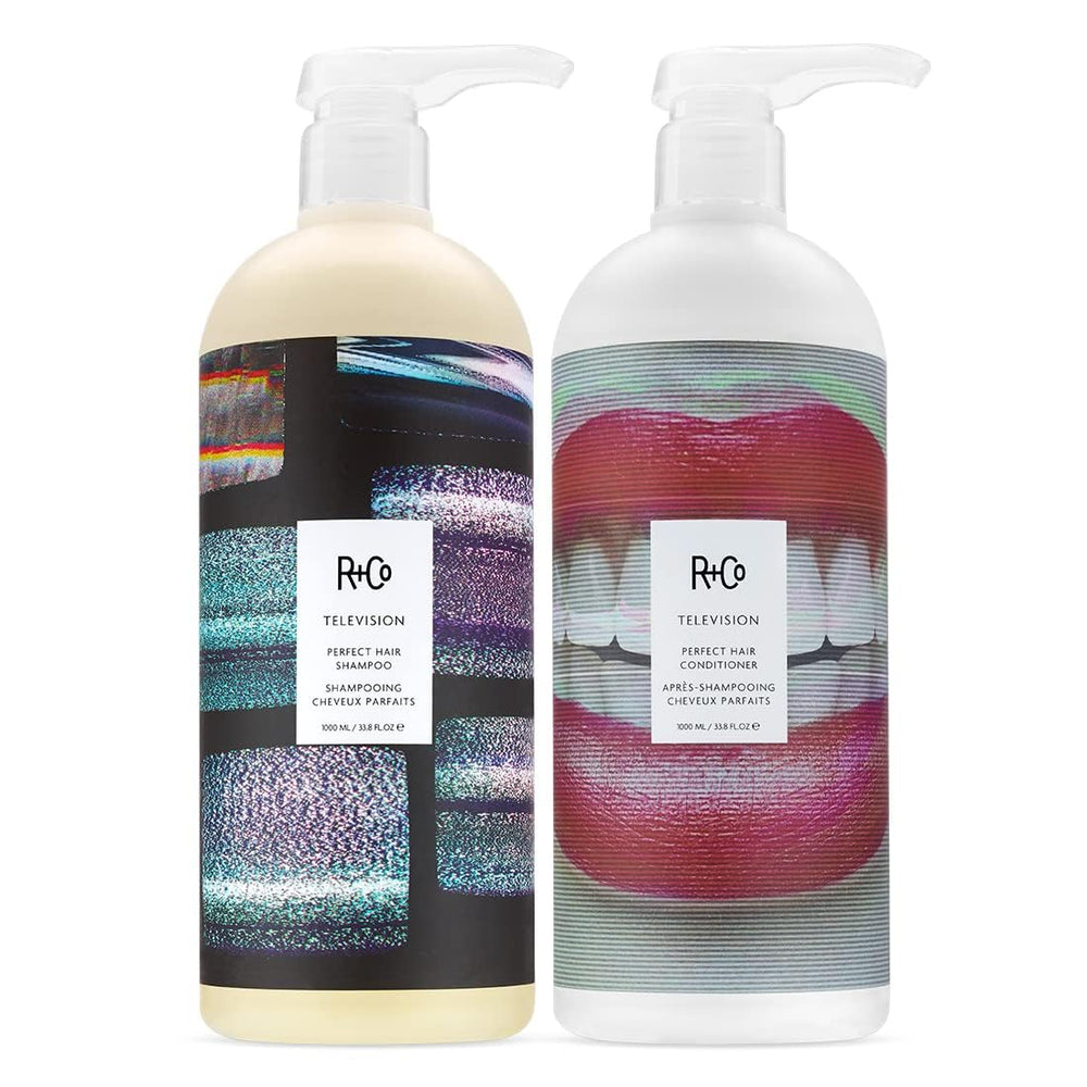 R+Co Television shampoo, botella frontal, suaviza el cabello para un acabado sedoso.