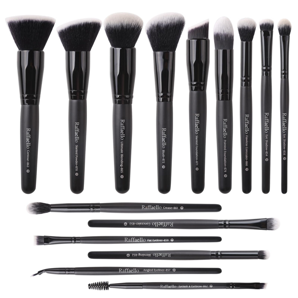 Conjunto Raffaello de 15 brochas para maquillaje, listo para uso diario.