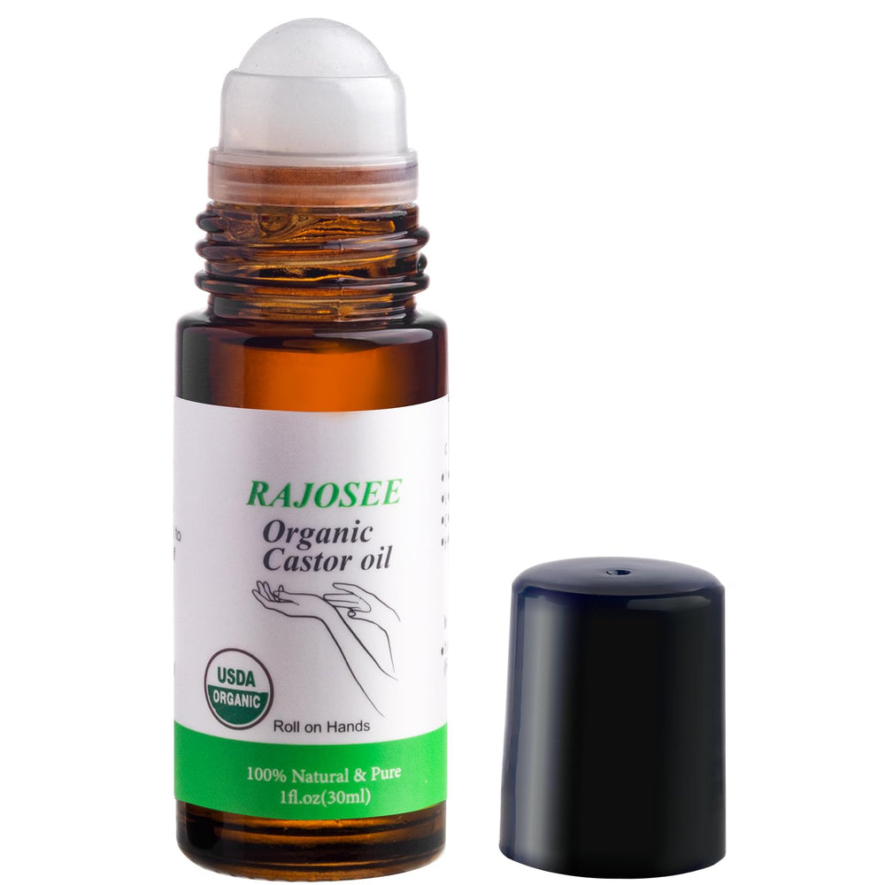 RAJOSEE Aceite de ricino roll-on en frasco de vidrio para aplicación precisa.