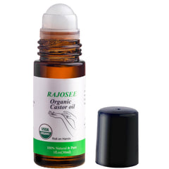 RAJOSEE Aceite de ricino roll-on en frasco de vidrio para aplicación precisa.
