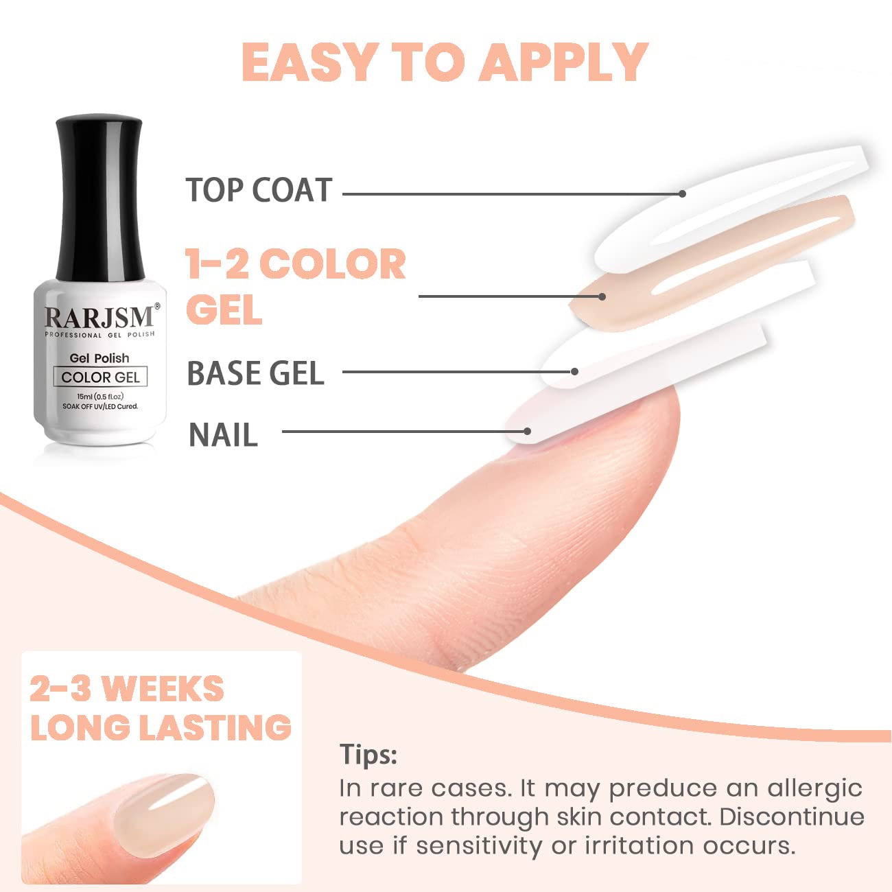 RARJSM Esmalte Gel Apricot Nude fórmula natural con bajo olor.