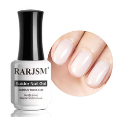Base goma RARJSM blanco lechoso en botella para fortalecimiento de uñas.