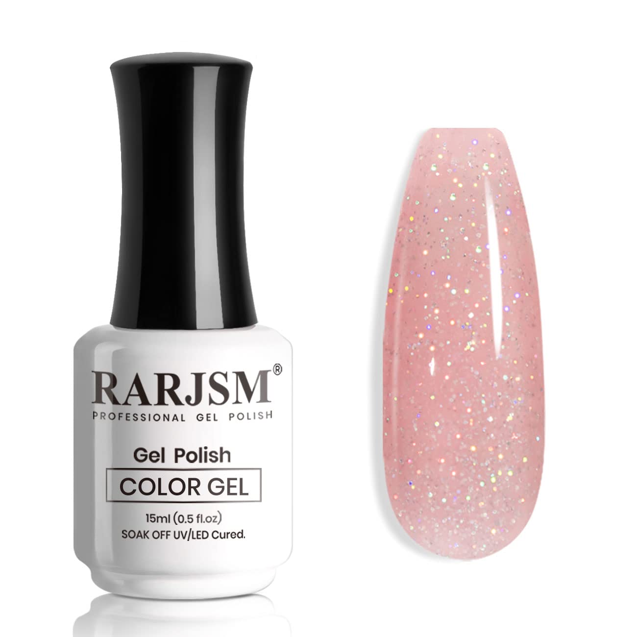 Esmalte nude de RARJSM con brillo arcoíris para look suave y glamoroso.