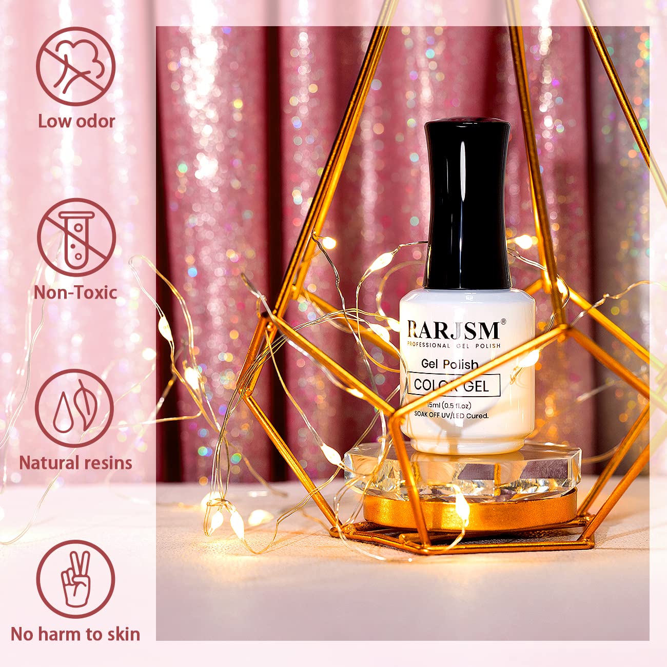 Esmalte nude de RARJSM que se cura con lámpara LED o UV para durabilidad.