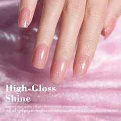 Esmalte rosa nude translúcido de RARJSM con destellos elegantes.