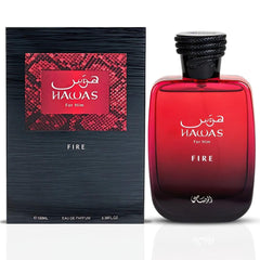 RASASI Hawas Fire, botella frontal, presencia duradera para salidas nocturnas.