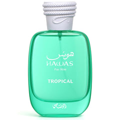 Rasasi Hawas Tropical en frasco, aroma fresco para uso diario y confianza