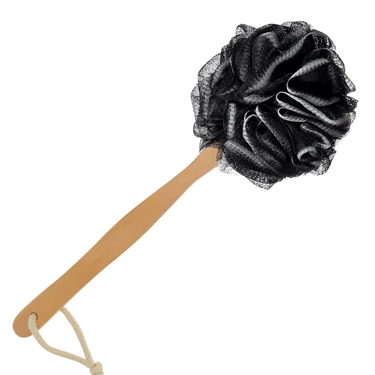 rasdder lufa negra con mango de madera para exfoliación suave en la ducha