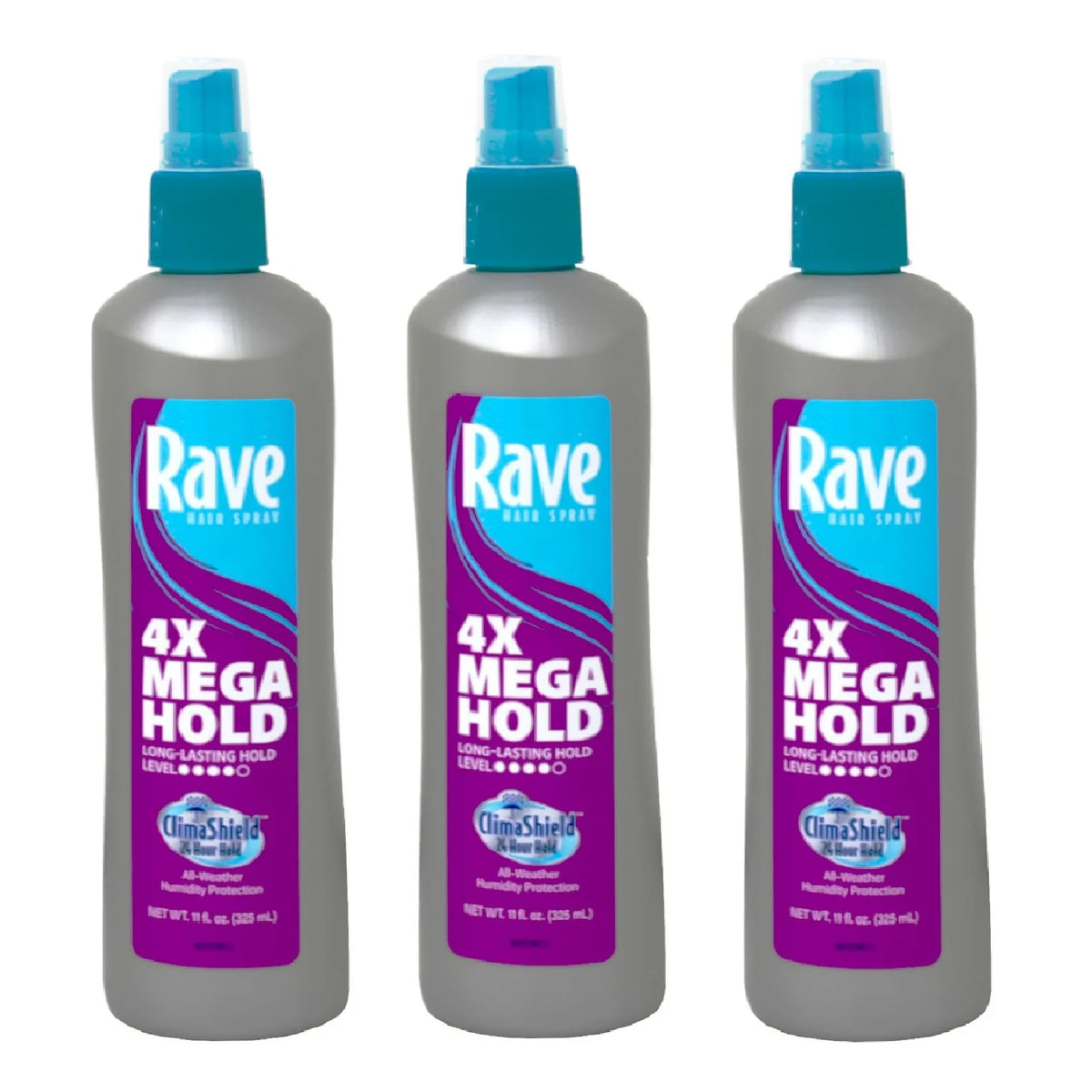 Rave pack tres laca en aerosol sin fragancia para peinados duraderos, botella de 11 oz