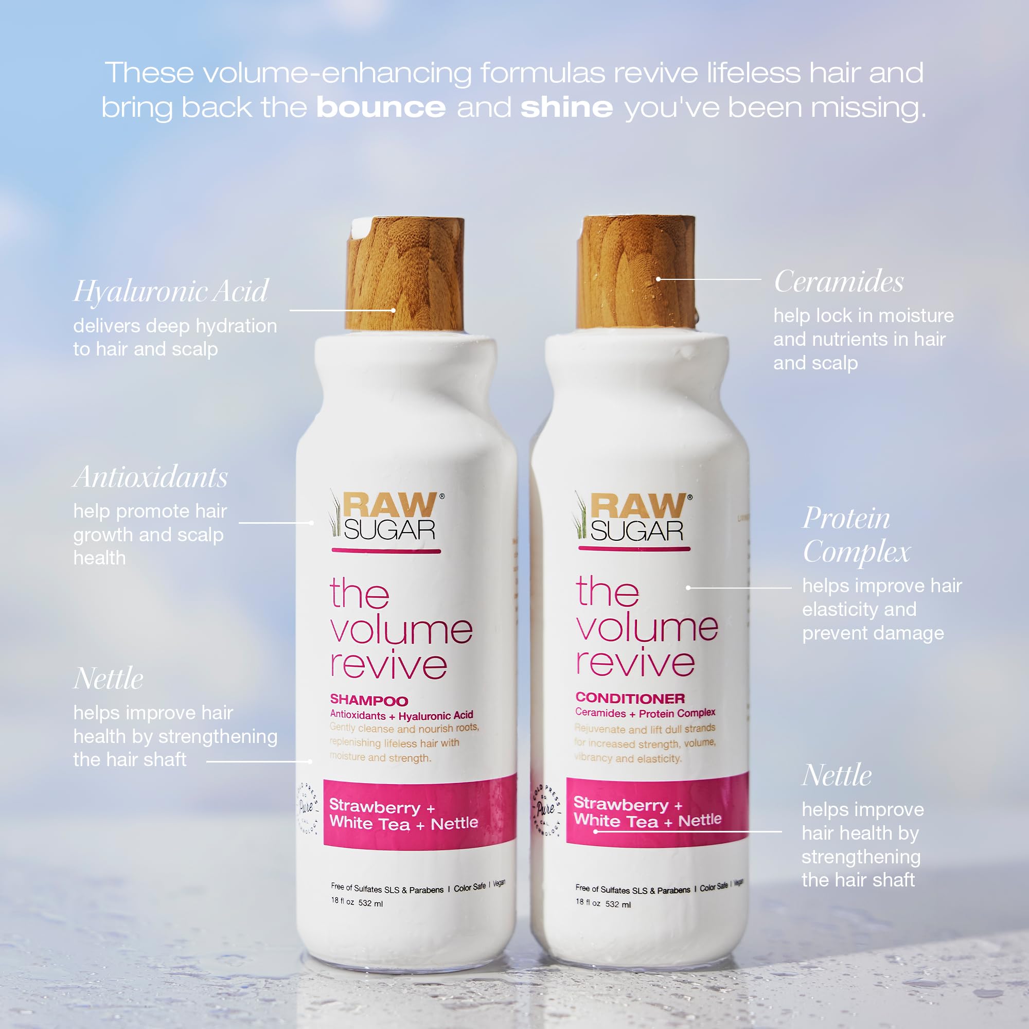 Champú Volume Revive mostrando textura suave para mayor manejabilidad.