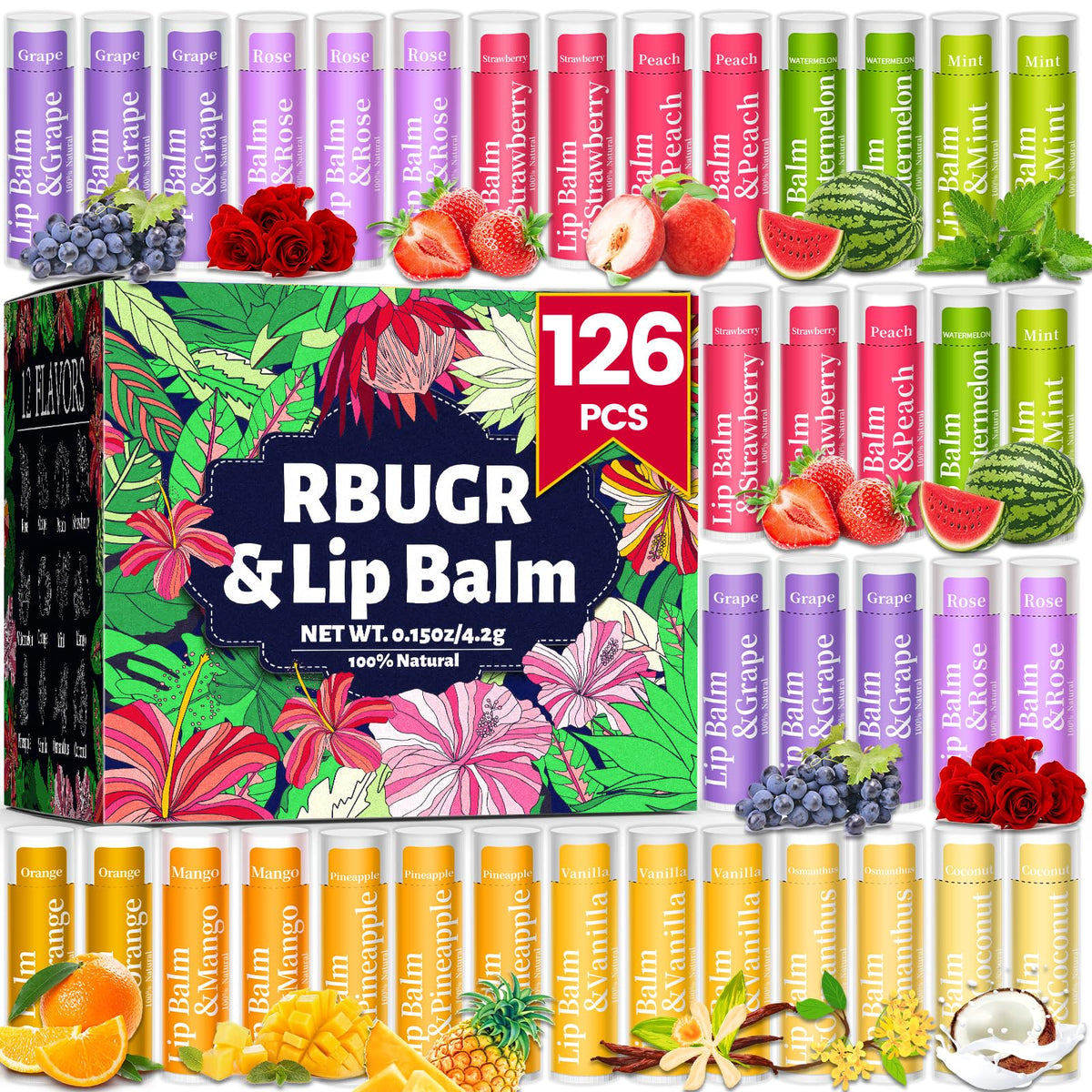 Bálsamo labial RBUGR pack 12 sabores para hidratación diaria y sabor agradable.