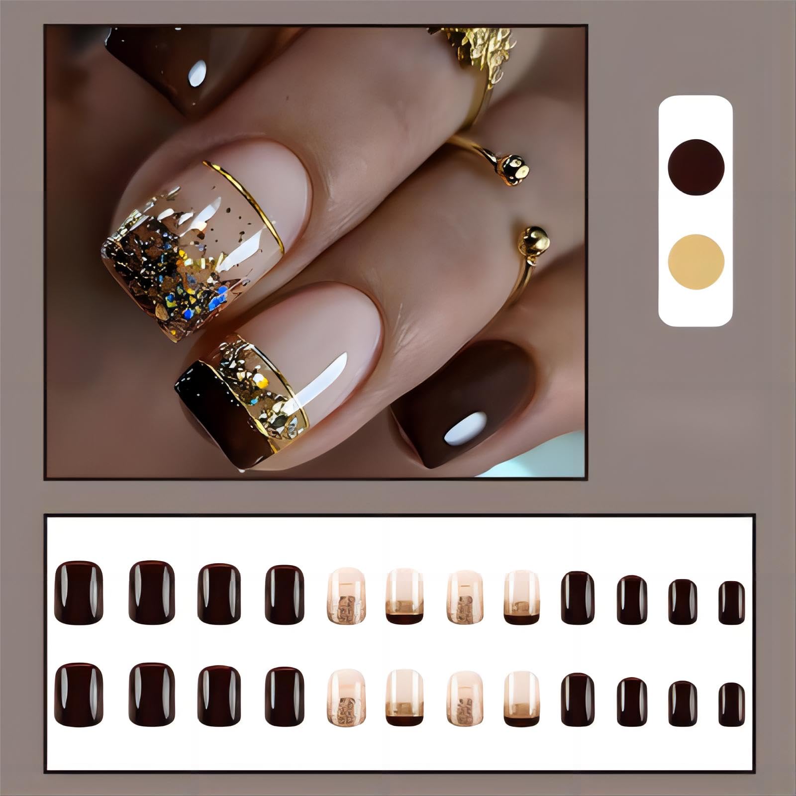 Uñas Rchovsam en corte cuadrado con brillo dorado para ocasiones.