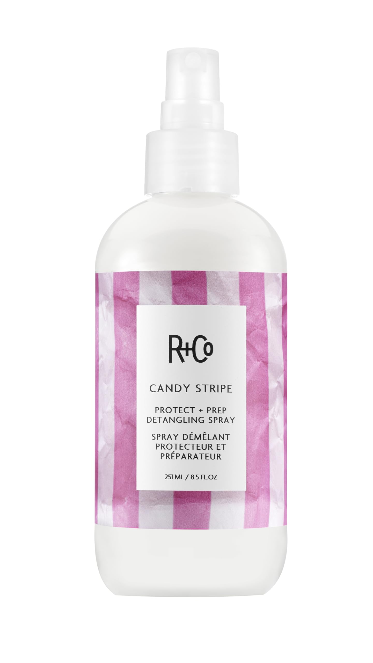 R+Co Candy Stripe desenredado con spray para cabello suave y facil de peinar