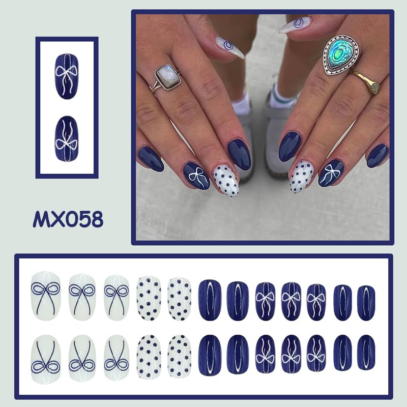 Rdntbeu uñas postizas ovaladas con lazo blanco y manchas para estilo único