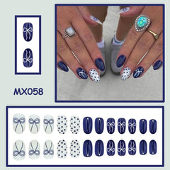 Rdntbeu uñas postizas ovaladas con lazo blanco y manchas para estilo único