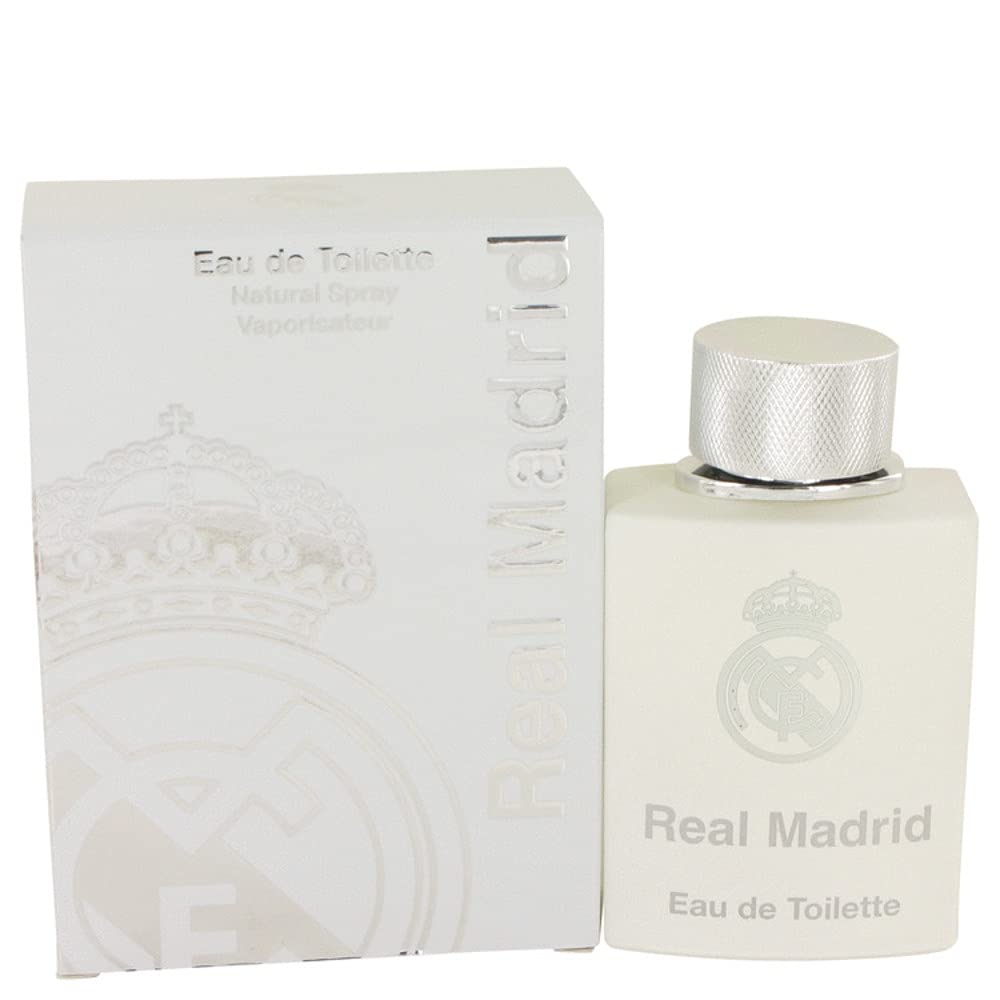 Real Madrid fragancia EDT, botella frontal, ideal para ocasiones nocturnas y estilo sofisticado.